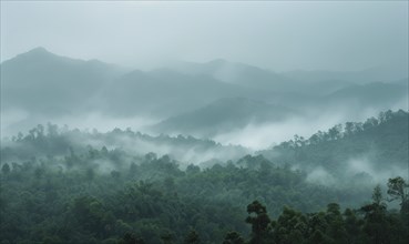 Hazy sky and thin layers of clouds, mist in the mounts AI generated