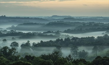 Hazy sky and thin layers of clouds, mist in the mounts AI generated