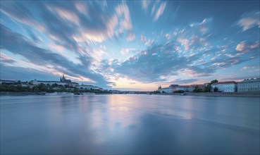 Bright blue sky, wispy cirrus clouds, windy evening AI generated