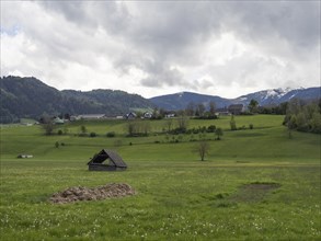 Thunderclouds over a hay barn in a meadow, mountain peak in the background, near Irdning, Ennstal,