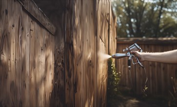 Painting a wooden house with paint from a spray gun, AI generated