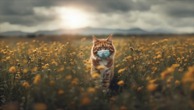 Cat with allergies in a medical mask in the spring, allergic reaction to flowers and dust in