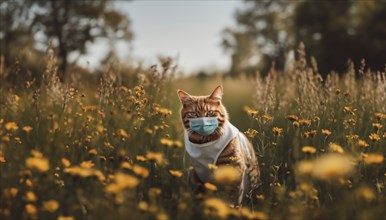 Cat with allergies in a medical mask in the spring, allergic reaction to flowers and dust in