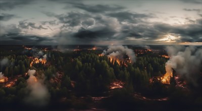 Forest fires view from above, trees are burning in the mountains, AI generated