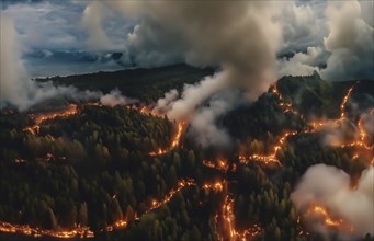 Forest fires view from above, trees are burning in the mountains, AI generated