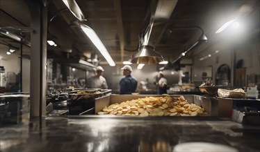 Production of potato chips at the factory, AI generated