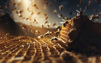 Close-up bees fly into the hive to the honeycombs, AI generated