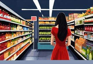 The beautiful woman is looking at the shelves to buy something from the supermarket. ai generative,