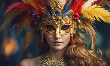 Beautiful young woman in a Venetian mask at the masquerade. ai generative, AI generated