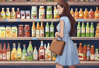 The beautiful woman is looking at the shelves to buy something from the supermarket. ai generative,