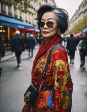 60 year old Asian female model in Paris Fashion Week. ai generative, AI generated