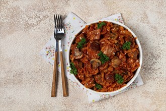 Bigos, bigus is a national Polish dish, made of cabbage and meat, stewed, homemade, no people