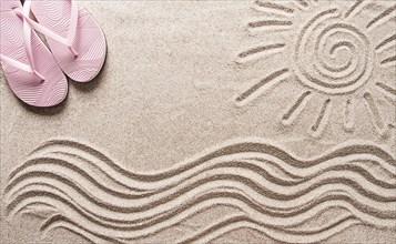 Abstract background, Summer wallpaper, drawing on sand, sea waves and sun, women's beach