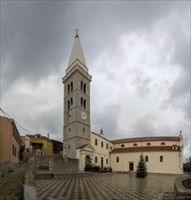 Christmas tree on the church square, Church of the Nativity of the Virgin Mary, Mali Losinj,