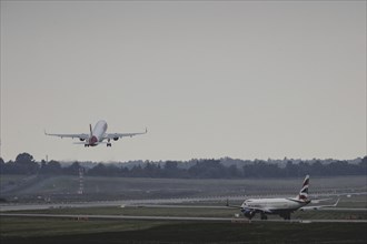 Two aircraft, photographed at Berlin Brandenburg Airport 'Willy Brandt'Äô (BER) in Schönefeld,