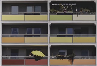 Balcony with parasol, taken at a block of flats in Marzahn in Berlin, 07/08/2024