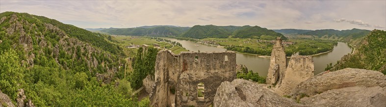 View from Dürnstein castle in spring, Dürnstein, Danubia river, Wachau, Austria, Europe