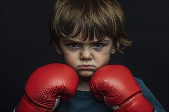 Angry young boy child with red boxing gloves. Generative Ai, AI generated