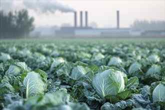 Agricultural field with growing cabbage and factory with fumes in blurry background. Generative Ai,