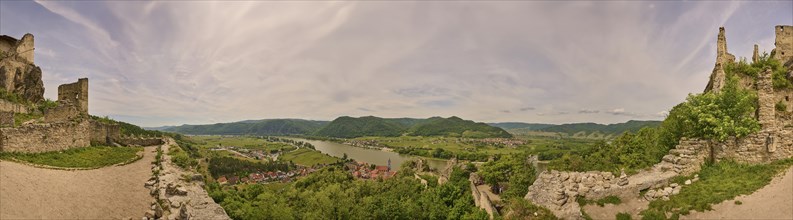 View from Dürnstein castle in spring, Dürnstein, Danubia river, Wachau, Austria, Europe