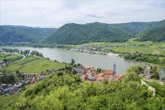 View from Dürnstein castle in spring, Dürnstein, Danubia river, Wachau, Austria, Europe