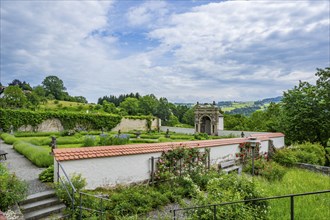 View on the garden of Castle Neuburg am Inn, Bavaria, Germany, Europe