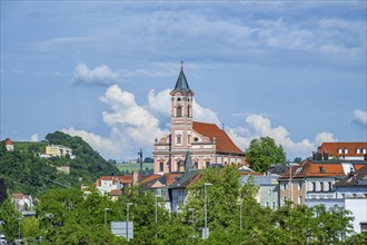 View over Danubia river on 'Veste Oberhaus' ant the church, Passau, Bavaria, Germany, Europe