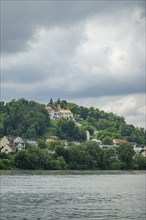 View from danubia River on church 'Wallfahrtskirche Mariahilf', Passau, Bavaria, Germany, Europe