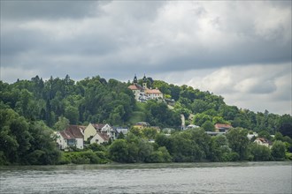 View from danubia River on church 'Wallfahrtskirche Mariahilf', Passau, Bavaria, Germany, Europe