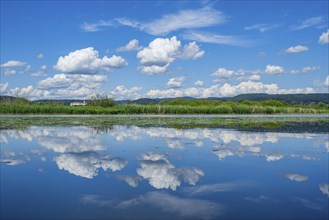 Landscape of Danubia river with reflection of the landscape and Clouds, Castle of Wörth an der