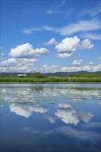 Landscape of Danubia river with reflection of the landscape and Clouds, Castle of Wörth an der