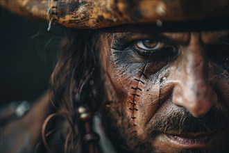 Close up of man'S face with Halloween pirate costume makeup. Generative Ai, AI generated