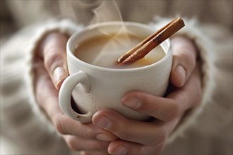 Hands holding cup of milk tea with cinnamon stick. Generative Ai, AI generated