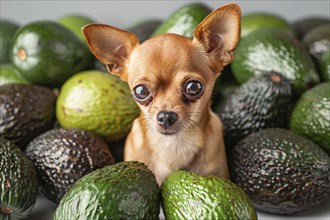 Small chihuahua dog sitting between many raw avocado fruits. Generative AI, AI generated