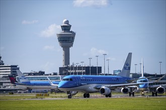 Aircraft at Amsterdam Schiphol Airport, on the taxiway for take-off on the Aalsmeerbaan, 18L/36R,