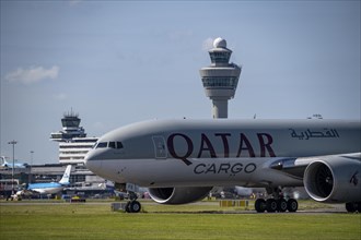 Aircraft at Amsterdam Schiphol Airport, on the taxiway for take-off on the Aalsmeerbaan, 18L/36R,