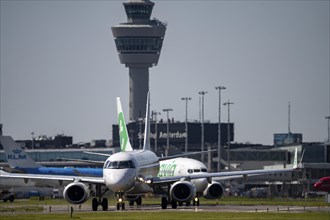 Aircraft at Amsterdam Schiphol Airport, on the taxiway for take-off on the Aalsmeerbaan, 18L/36R,