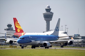 Suparna Airlines Cargo Boeing 747 and KLM Boeing 737-8K2, aircraft at Amsterdam Schiphol Airport,