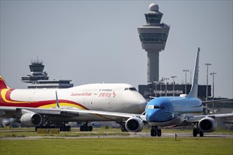 Suparna Airlines Cargo Boeing 747 and KLM Boeing 737-8K2, aircraft at Amsterdam Schiphol Airport,