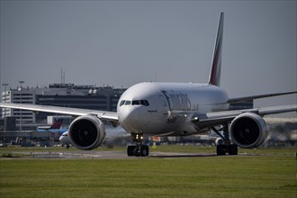 Emirates Skycargo Boeing 777, aircraft at Amsterdam Schiphol Airport, on the taxiway for take-off