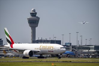 Emirates Skycargo Boeing 777, aircraft at Amsterdam Schiphol Airport, on the taxiway for take-off