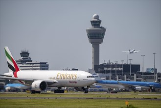 Emirates Skycargo Boeing 777, aircraft at Amsterdam Schiphol Airport, on the taxiway for take-off