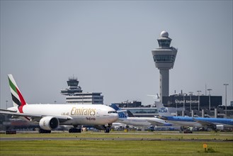 Emirates Skycargo Boeing 777, aircraft at Amsterdam Schiphol Airport, on the taxiway for take-off