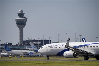 El Al Boeing 737-958, aircraft at Amsterdam Schiphol Airport, shortly in front of take-off on the