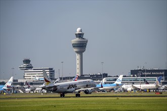 German Airways Embraer E190SR, aircraft landing at Amsterdam Schiphol Airport, Buitenveldertbaan,