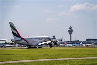 Emirates Airbus A380 aircraft landing at Amsterdam Schiphol Airport, Buitenveldertbaan, 09/27, Air