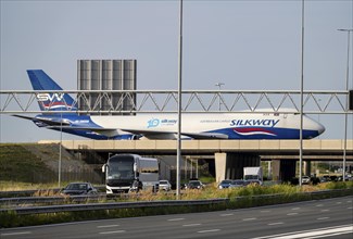 Amsterdam Schiphol Airport, Silk Way West Airlines, Boeing 747-4R7F cargo plane on the taxiway,