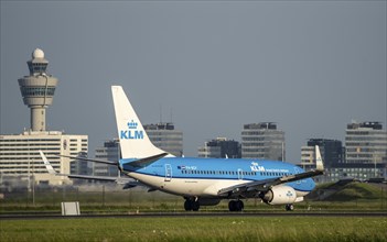 KLM aircraft after landing at Amsterdam Schiphol Airport, Polderbaan, 18R/36L, taxiway to the