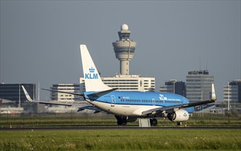 KLM aircraft after landing at Amsterdam Schiphol Airport, Polderbaan, 18R/36L, taxiway to the