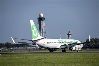 Transavia aircraft after landing at Amsterdam Schiphol Airport, Polderbaan, 18R/36L, taxiway to